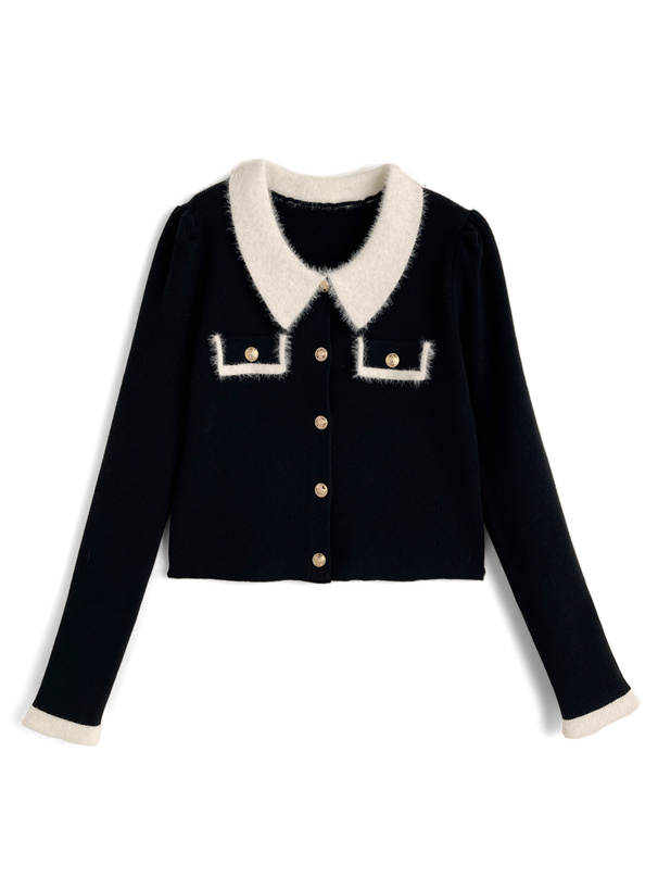 シャギーカラー配色ゴールドボタンカーディガン