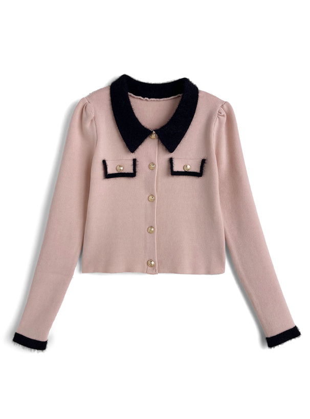 シャギーカラー配色ゴールドボタンカーディガン