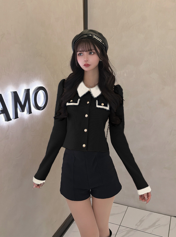 シャギーカラー配色ゴールドボタンカーディガン