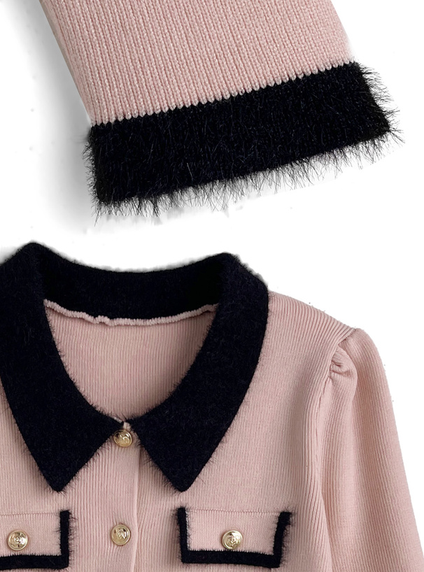 シャギーカラー配色ゴールドボタンカーディガン