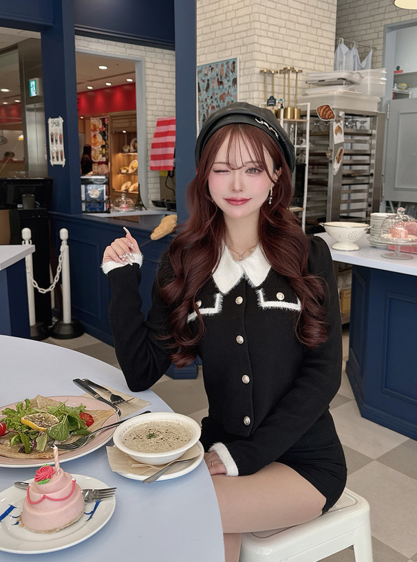 シャギーカラー配色ゴールドボタンカーディガン