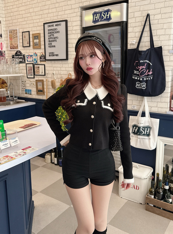 シャギーカラー配色ゴールドボタンカーディガン