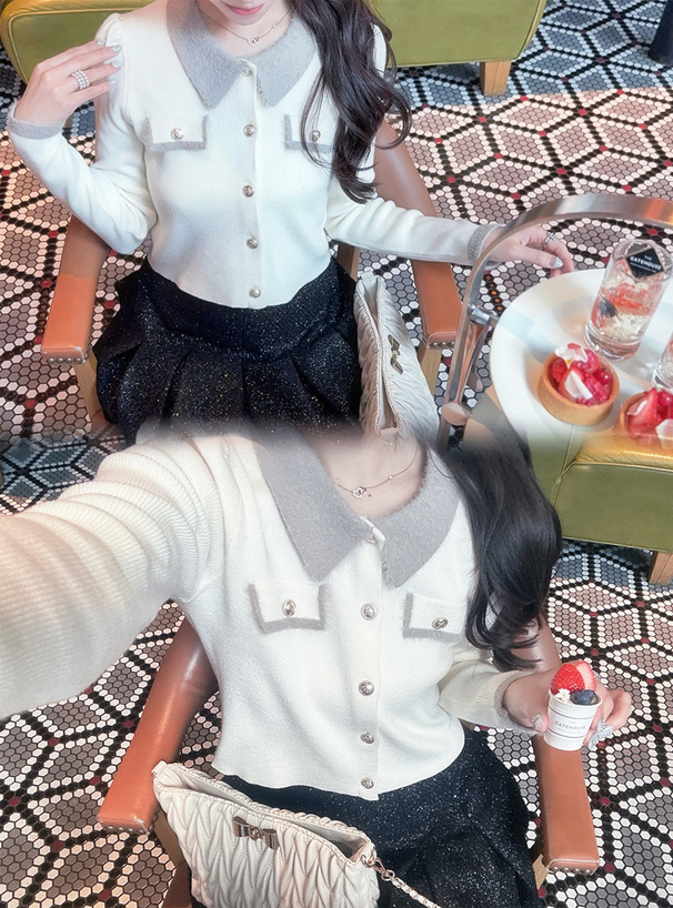 シャギーカラー配色ゴールドボタンカーディガン