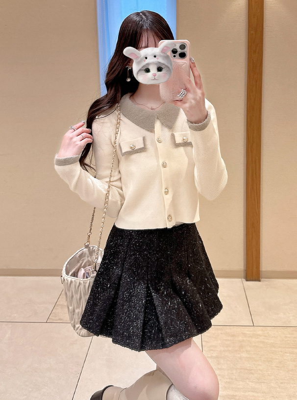 シャギーカラー配色ゴールドボタンカーディガン