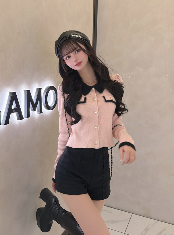 シャギーカラー配色ゴールドボタンカーディガン