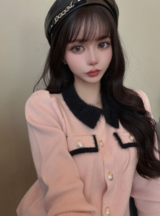 シャギーカラー配色ゴールドボタンカーディガン