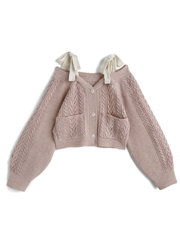 2WayVネックショルダーリボンケーブル編みニットトップス[dr840]