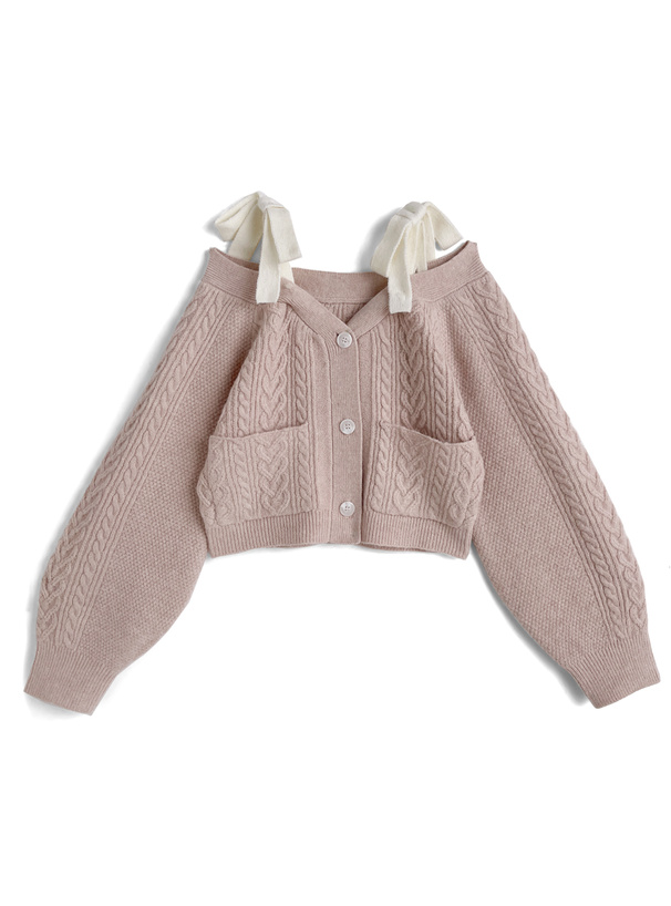 2WayVネックショルダーリボンケーブル編みニットトップス