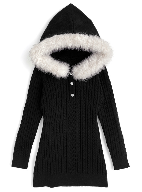 ファーフードケーブル編みニットワンピース[dr842]