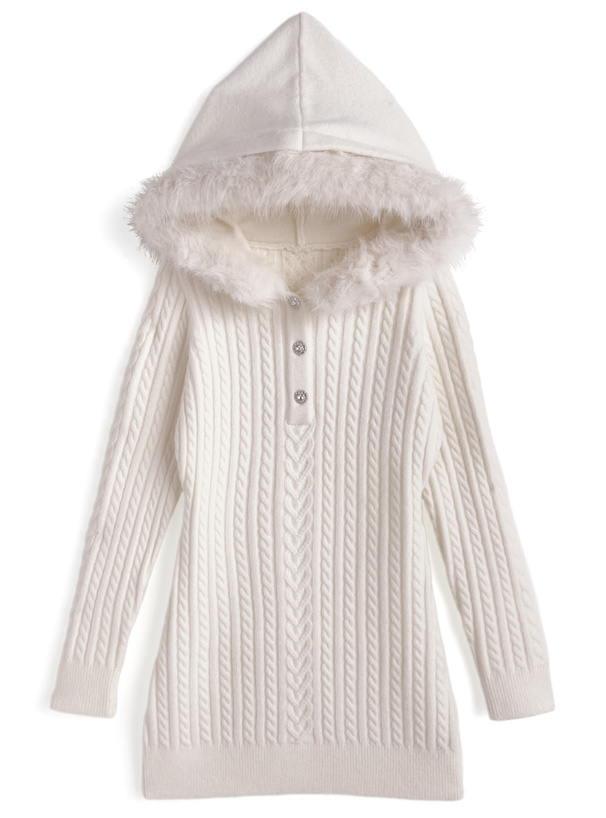 ファーフードケーブル編みニットワンピース