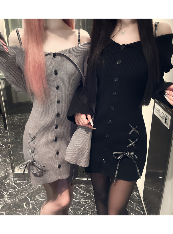 チェック柄レースアップオフショルダーニットワンピース