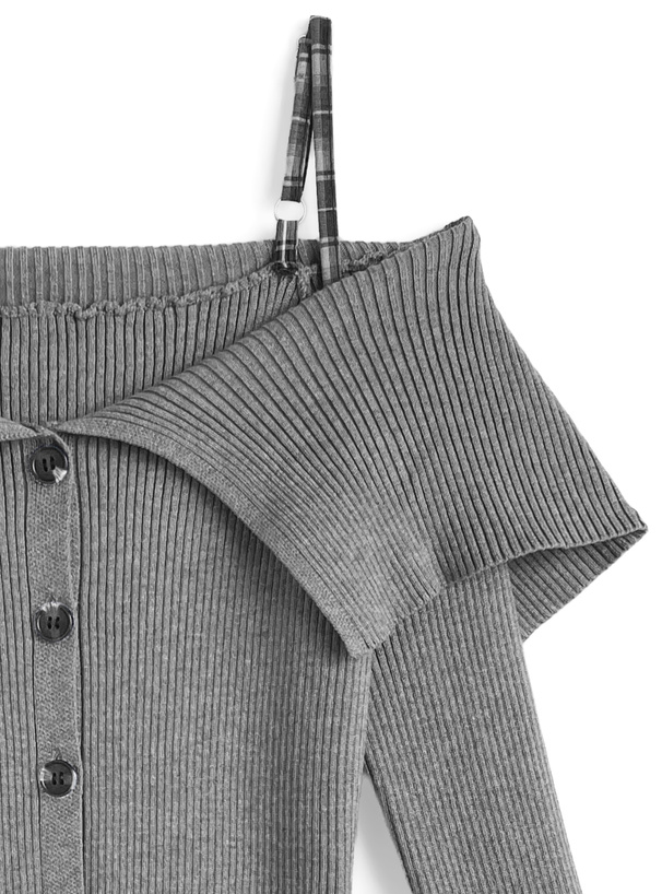 チェック柄レースアップオフショルダーニットワンピース