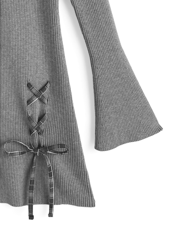 チェック柄レースアップオフショルダーニットワンピース[dr843