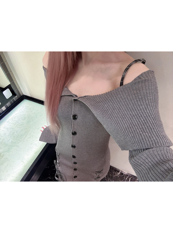 チェック柄レースアップオフショルダーニットワンピース