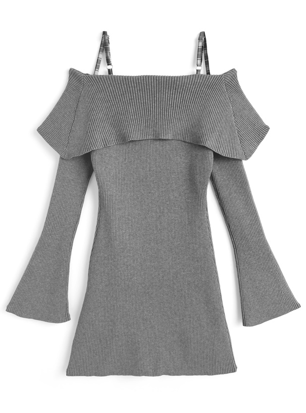 チェック柄レースアップオフショルダーニットワンピース[dr843