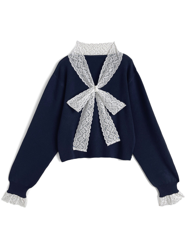 レースボウタイニットトップス