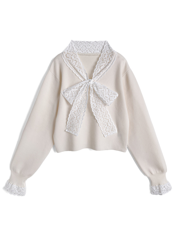 レースボウタイニットトップス