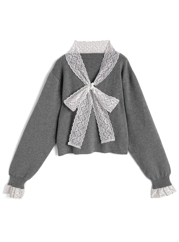 レースボウタイニットトップス