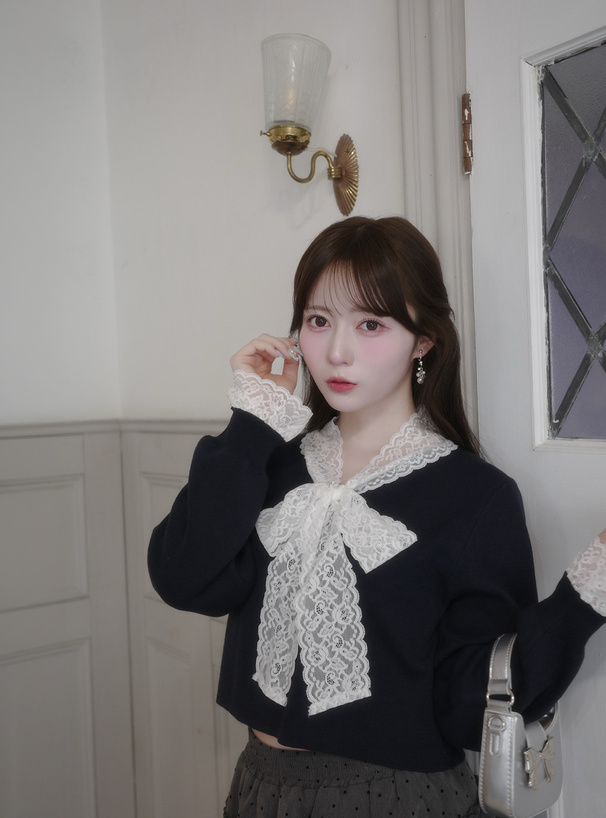 レースボウタイニットトップス