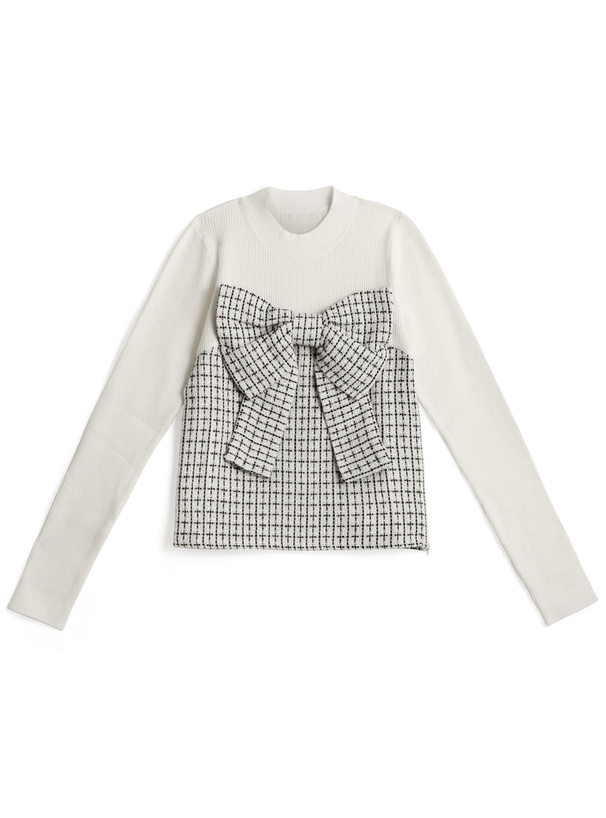 ビッグリボンツイードビスチェドッキングリブニットトップス