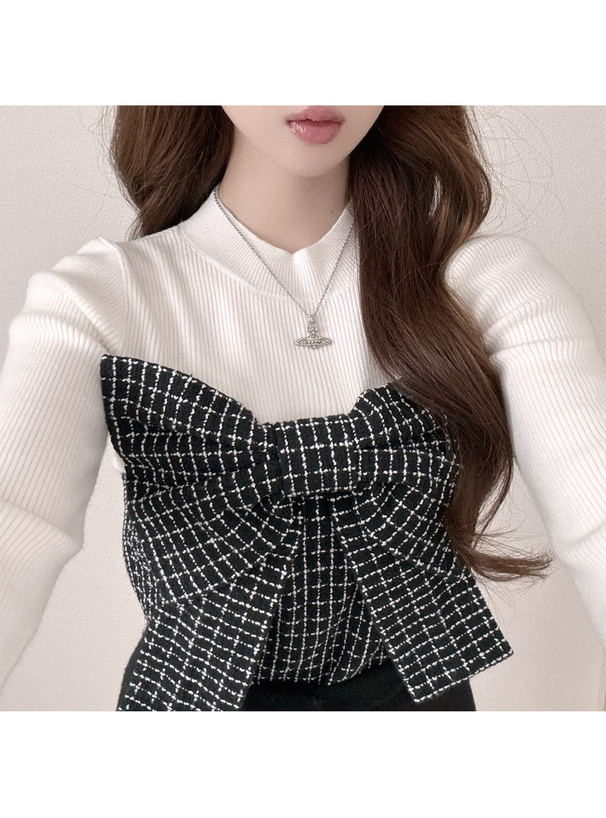 ビッグリボンツイードビスチェドッキングリブニットトップス