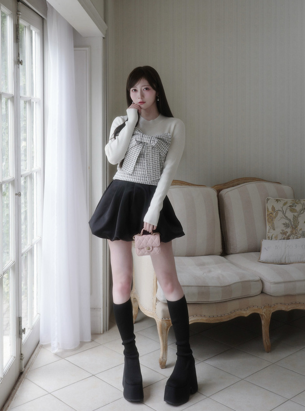 ビッグリボンツイードビスチェドッキングリブニットトップス