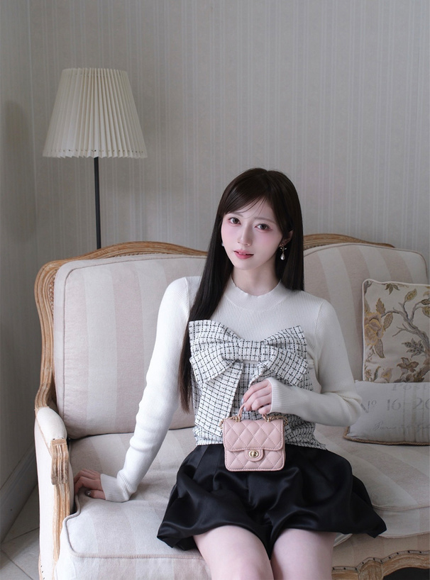 ビッグリボンツイードビスチェドッキングリブニットトップス