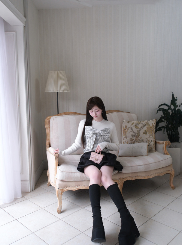 ビッグリボンツイードビスチェドッキングリブニットトップス