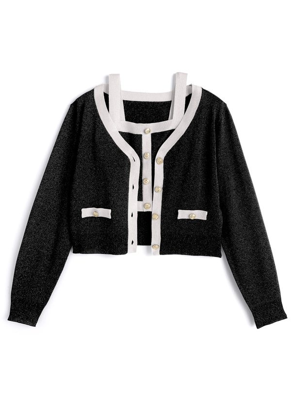 配色Vネックカーディガン×ビスチェニットアンサンブル