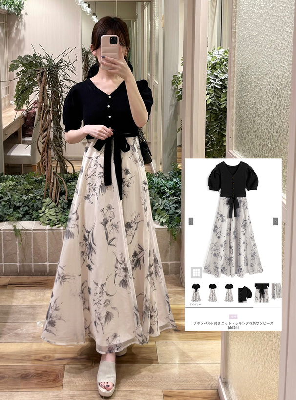 リボンベルト付きニットドッキング花柄ワンピース[dr864] | レディース