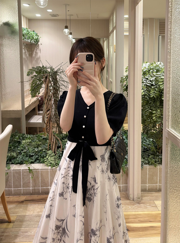 リボンベルト付きニットドッキング花柄ワンピース[dr864] | レディース