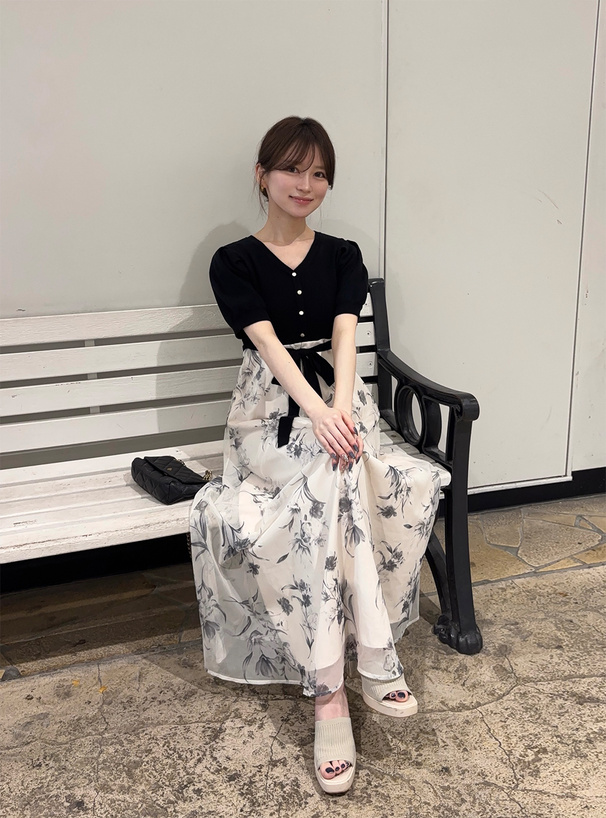 リボンベルト付きニットドッキング花柄ワンピース[dr864] | レディース