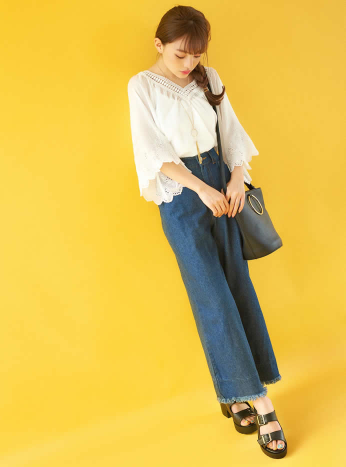 裾切替フリンジワイドデニム