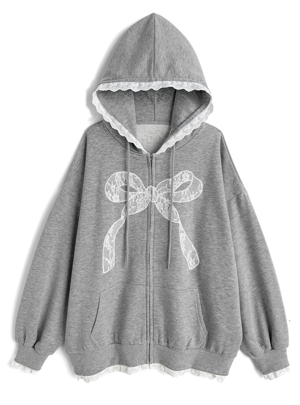 リボンレースジップスウェットパーカー