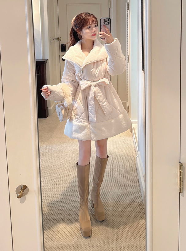 リボンベルト付きファー切替コート