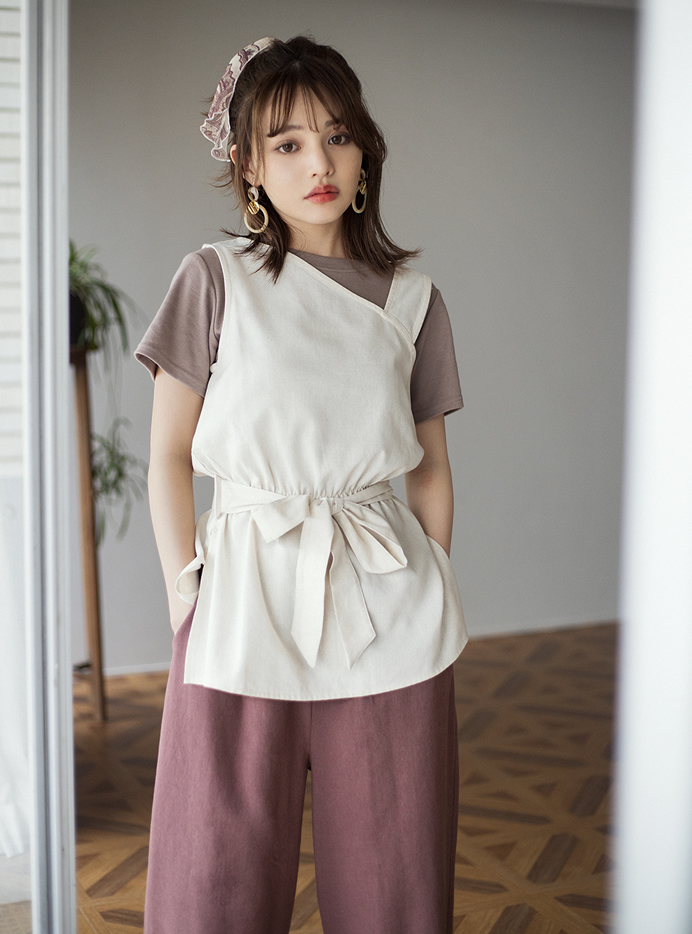 リボンベルト付きアシンメトリートップス