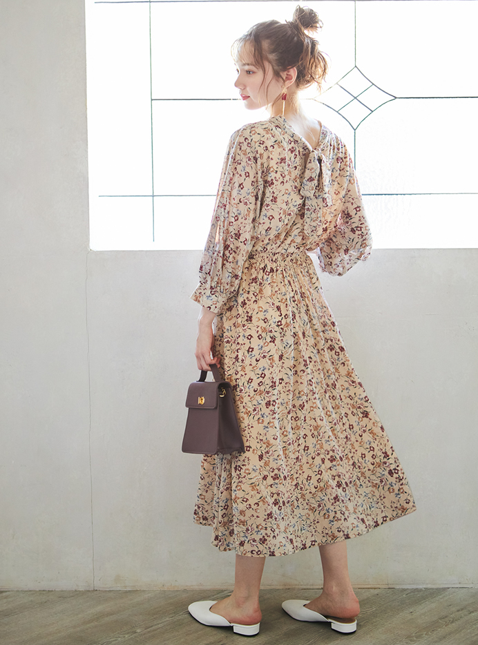 前後2wayシフォンジョーゼット花柄ワンピース