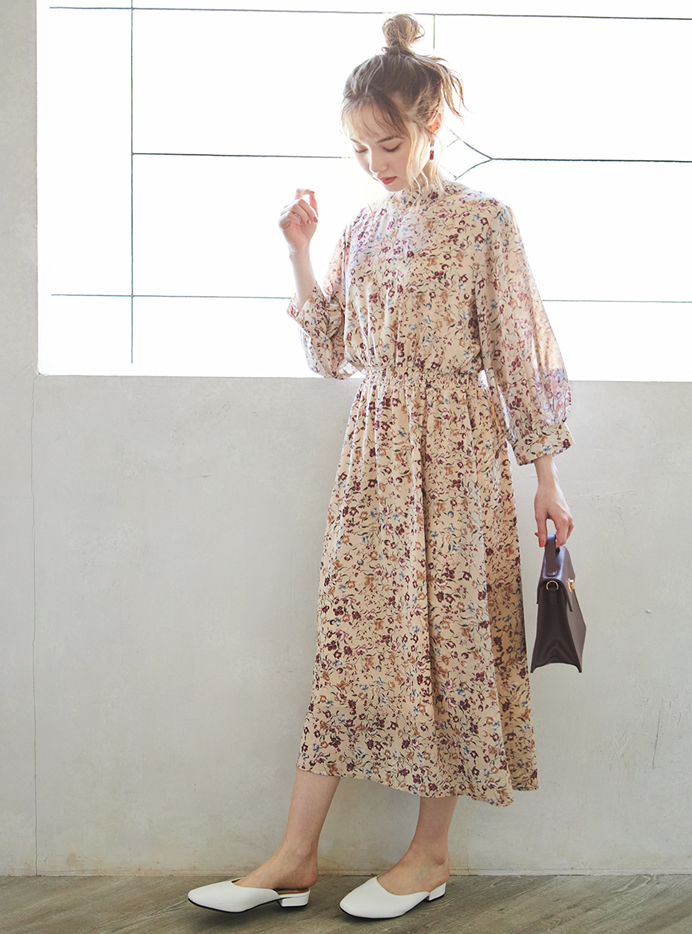 前後2wayシフォンジョーゼット花柄ワンピース