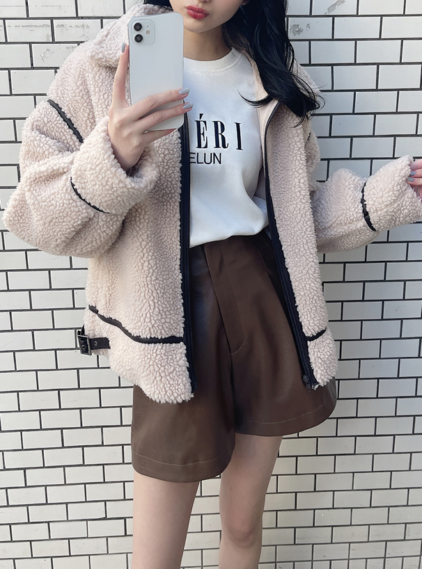 レザーパイピングステンカラーボアジャケット