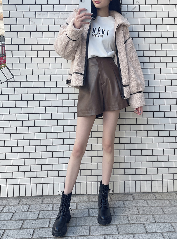 レザーパイピングステンカラーボアジャケット