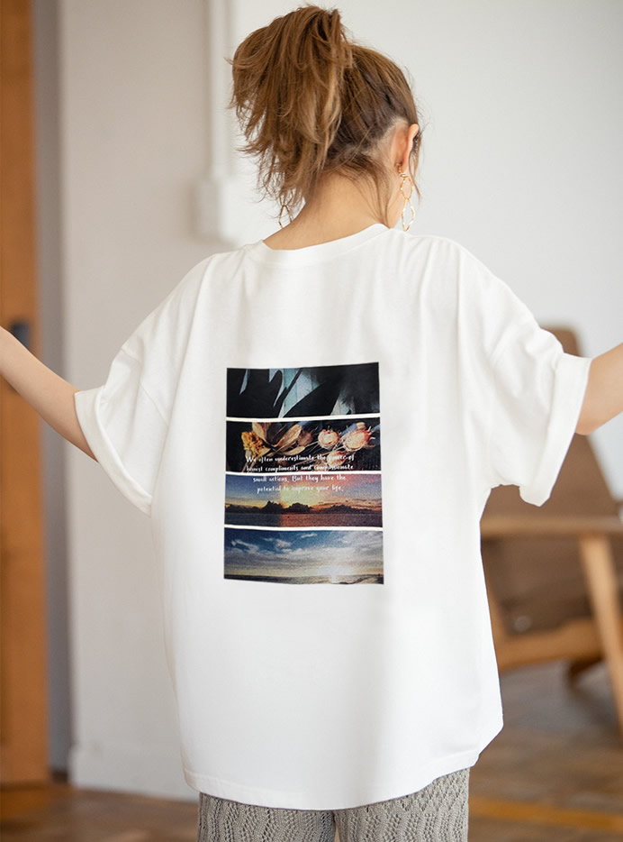 ラウンドヘムバックフォトプリントTシャツ