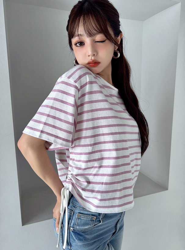 ボーダー柄サイドドロストTシャツ