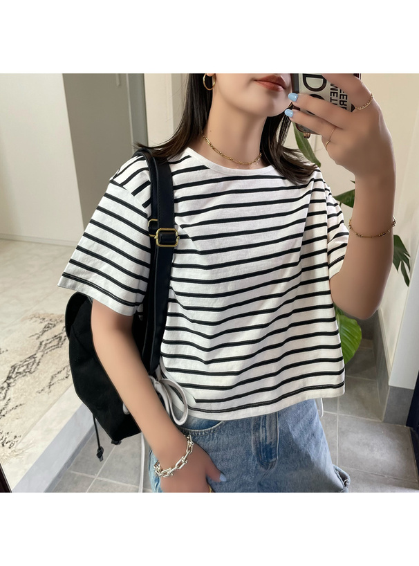ボーダー柄サイドドロストTシャツ