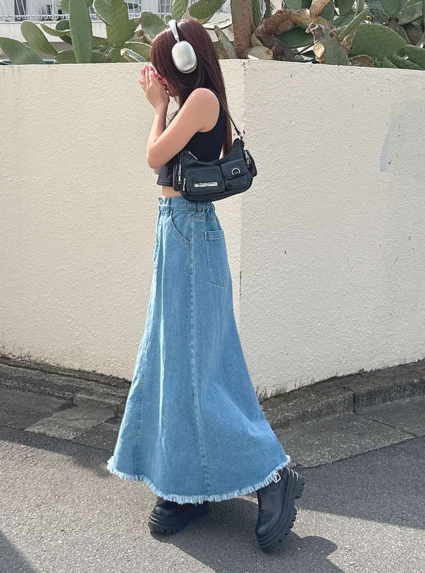 フリンジデニムフレアスカート