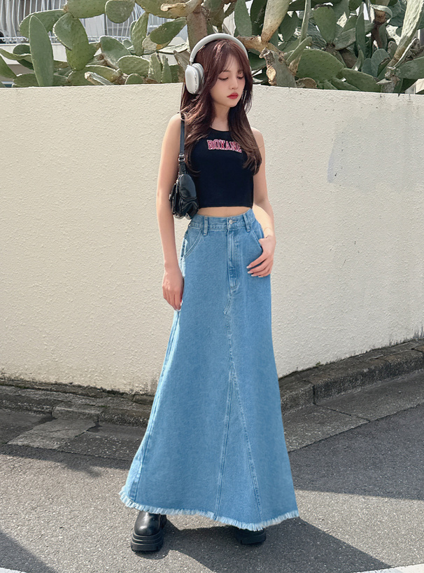 フリンジデニムフレアスカート