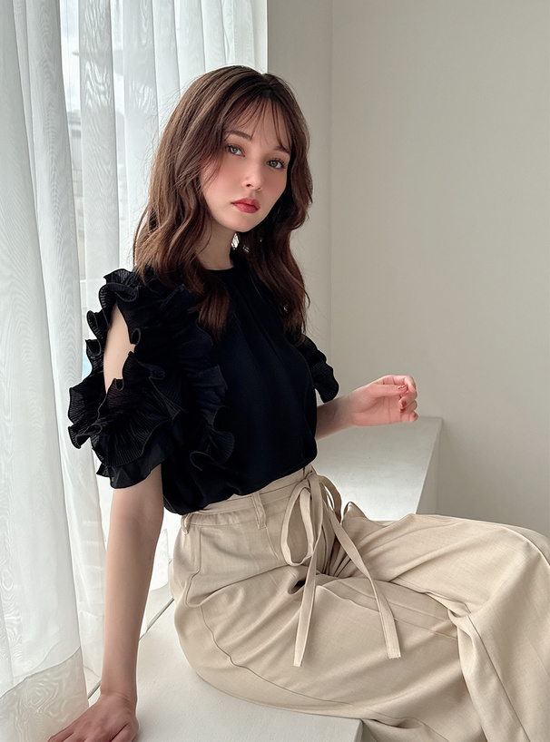 フリルショルダーバックリボンシフォンブラウス[fo2101
