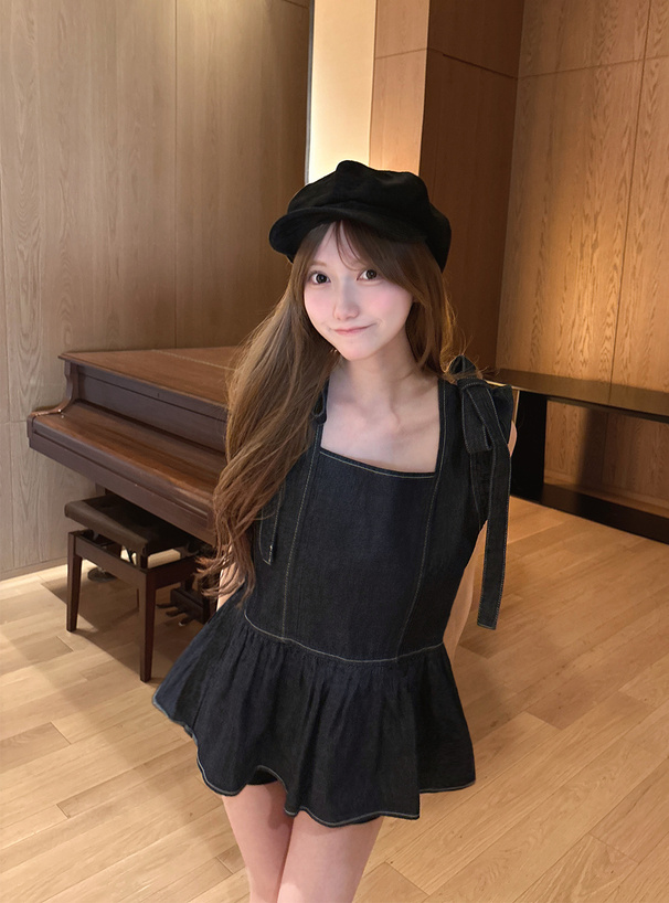 リボンフリルショルダーペプラムデニムトップス