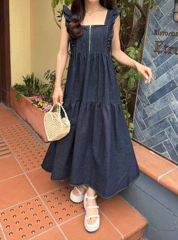 フリルショルダーデニムフレアロングワンピース[fo2106] | レディース