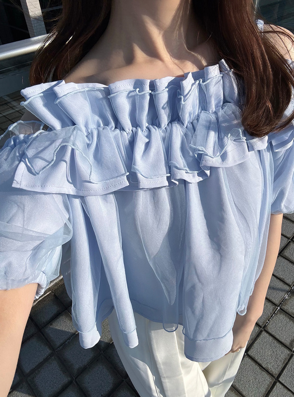 ブルー オフショルダー フリル トップス オフショルダーフリルシアーブラウス[fo2125] | レディース