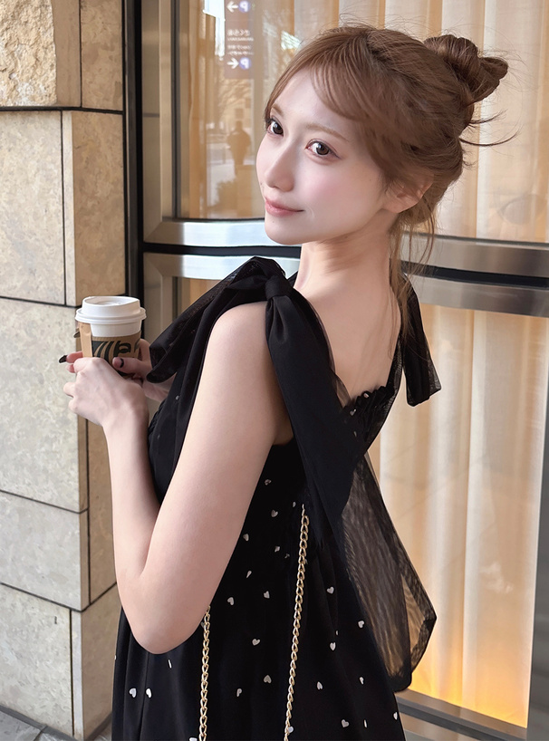 リボンショルダーハート柄フレアワンピース[fo2127